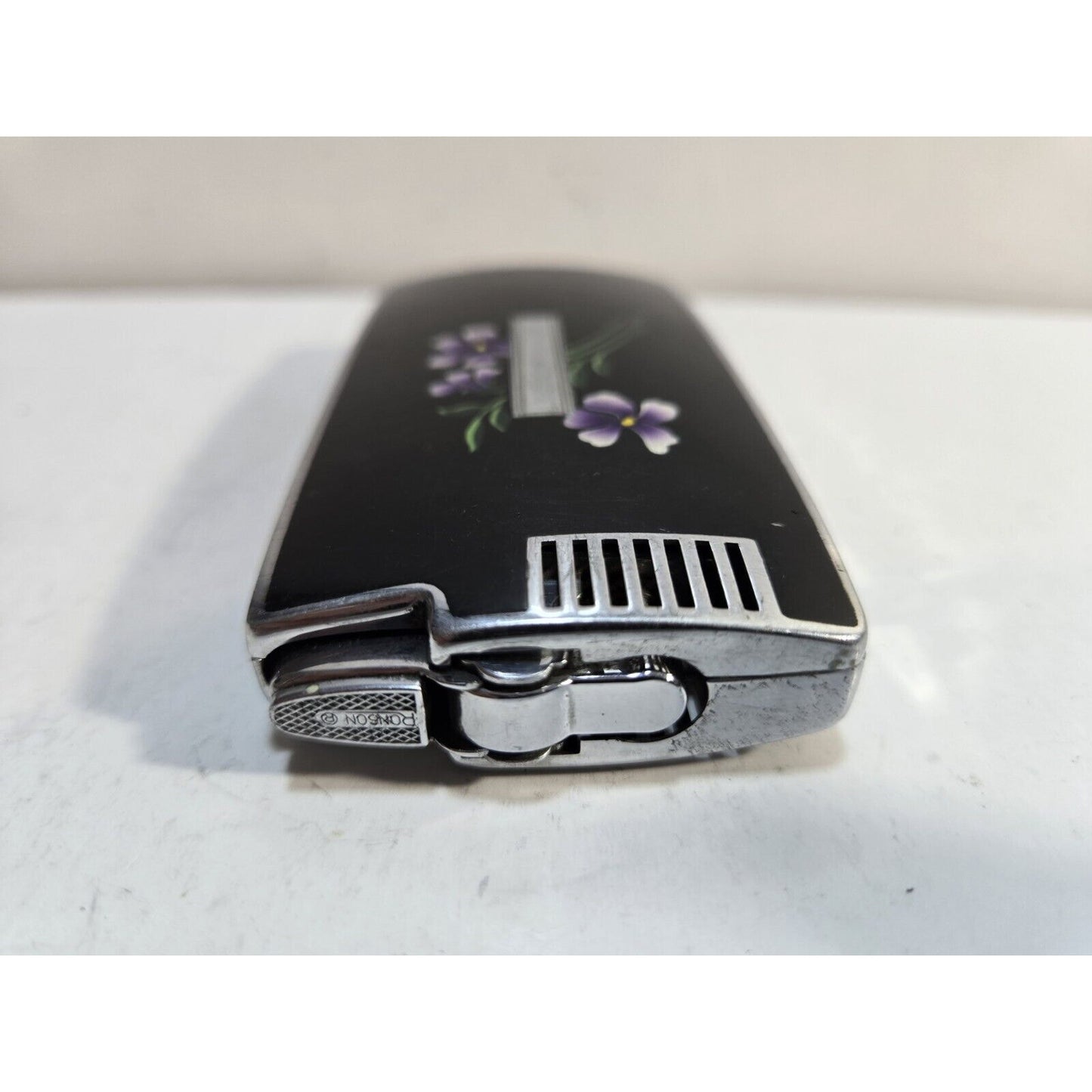 Vintage Ronson Pal Cigarette Case LIGHTER Black Violet Flower 6816/14