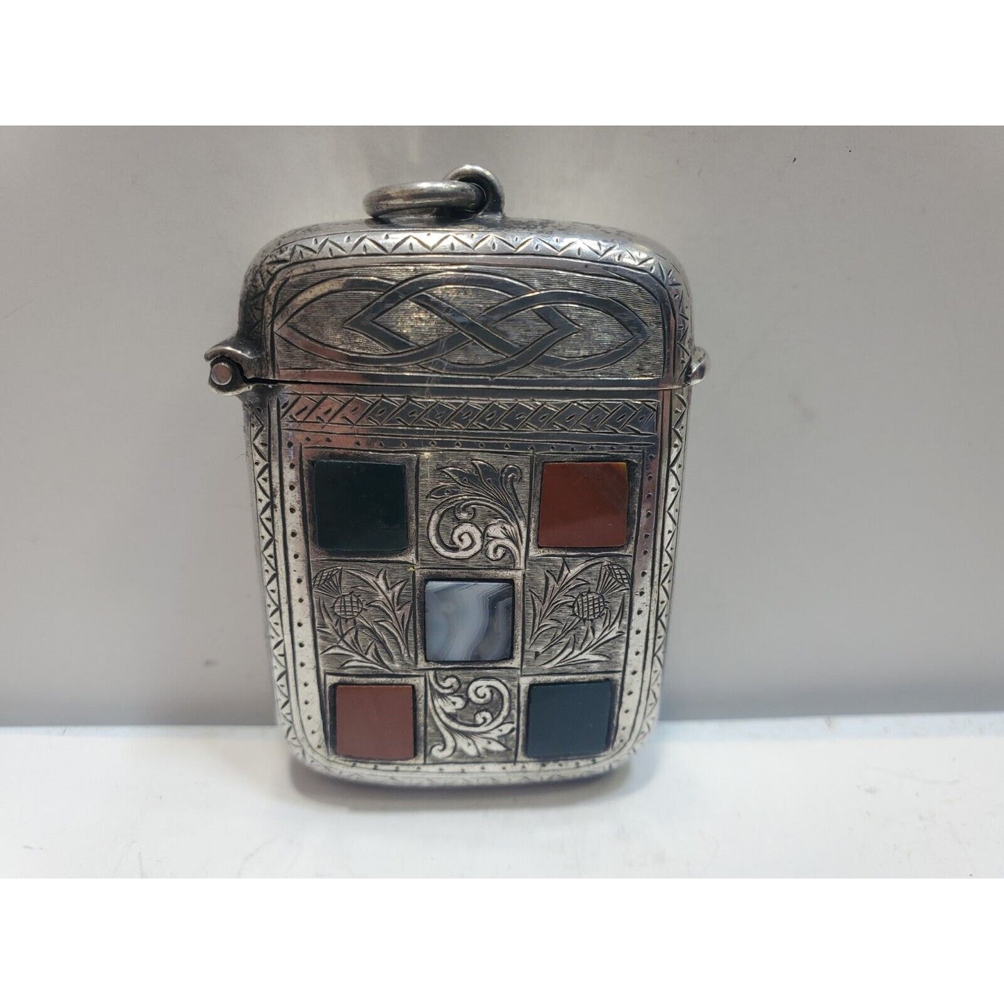 Antique Scottish Hallmarked Silver Carnelian Agate Inlay Vesta Match Safe Case