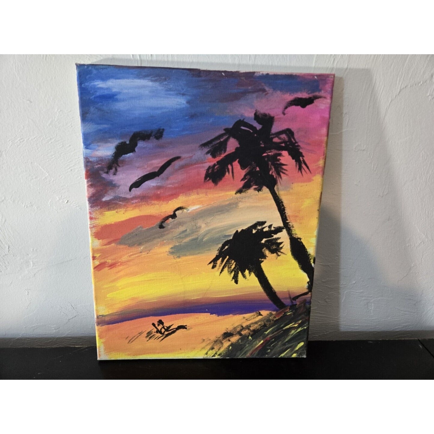 Tropical Palm Trees Sunset Beach Oil Painting Canvas Wall Art, Sighed 11 x 14"
