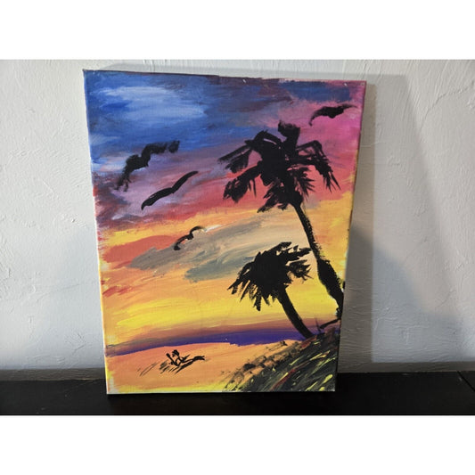 Tropical Palm Trees Sunset Beach Oil Painting Canvas Wall Art, Sighed 11 x 14"