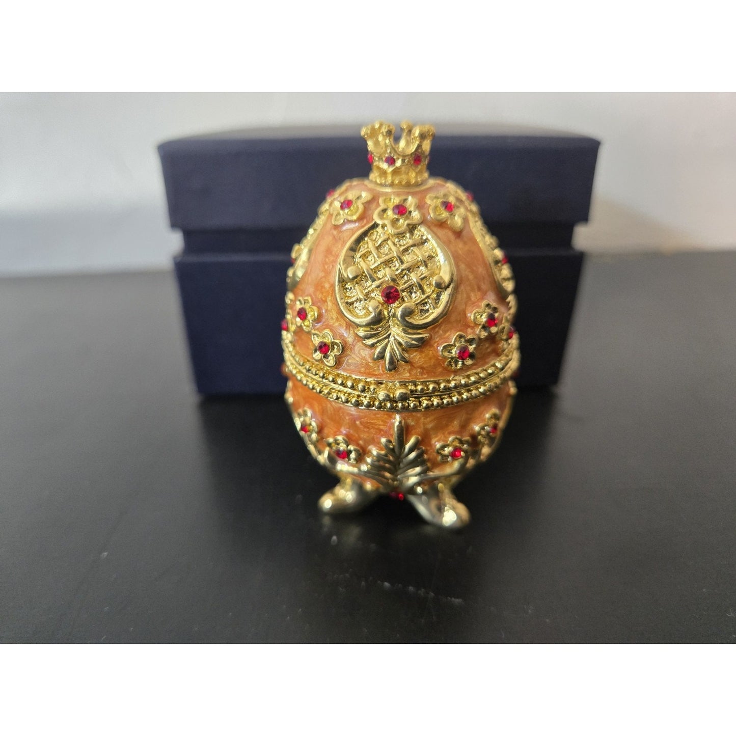 Easter Faberge Egg Trinket Box Hand-Painted Crystal Hinged Jewelry, Orig Box