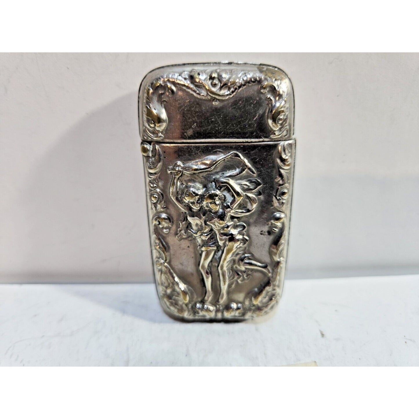 Vintage Silverplate Art Nouveau Dancing Nude Women Match Case Safe Vesta Nymph
