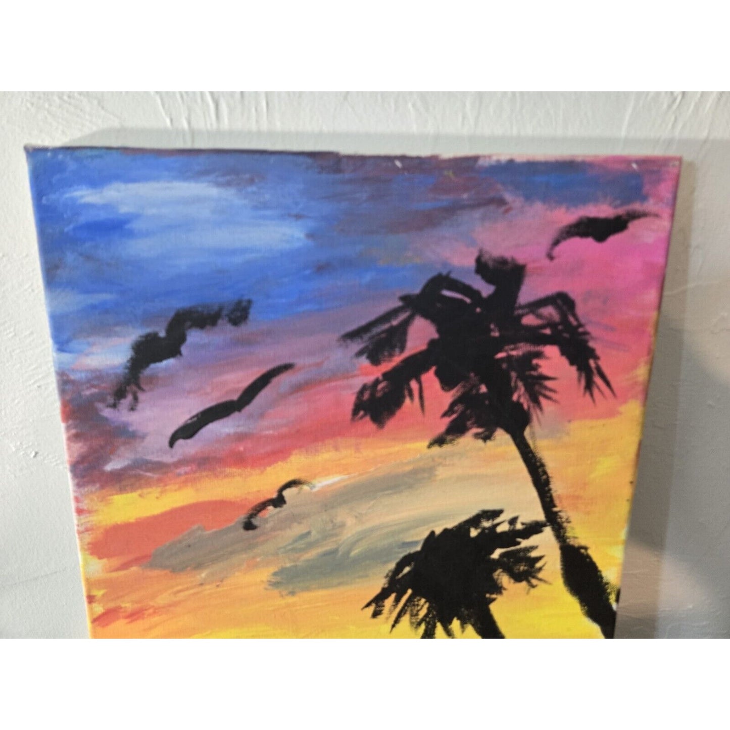 Tropical Palm Trees Sunset Beach Oil Painting Canvas Wall Art, Sighed 11 x 14"