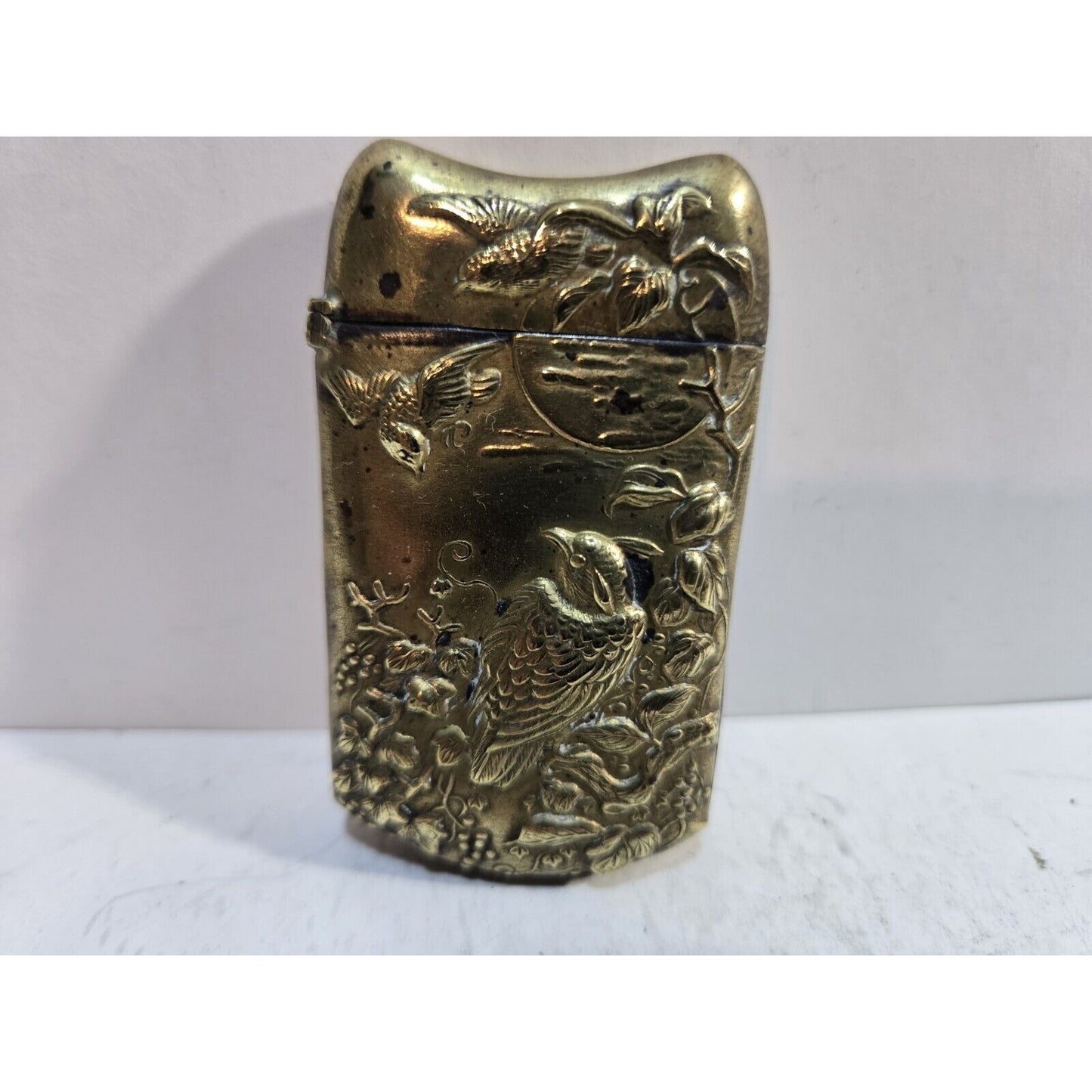 Japanese Antique Brass Match Case Safe Holder Striker, Bird & Flowers 7293/31