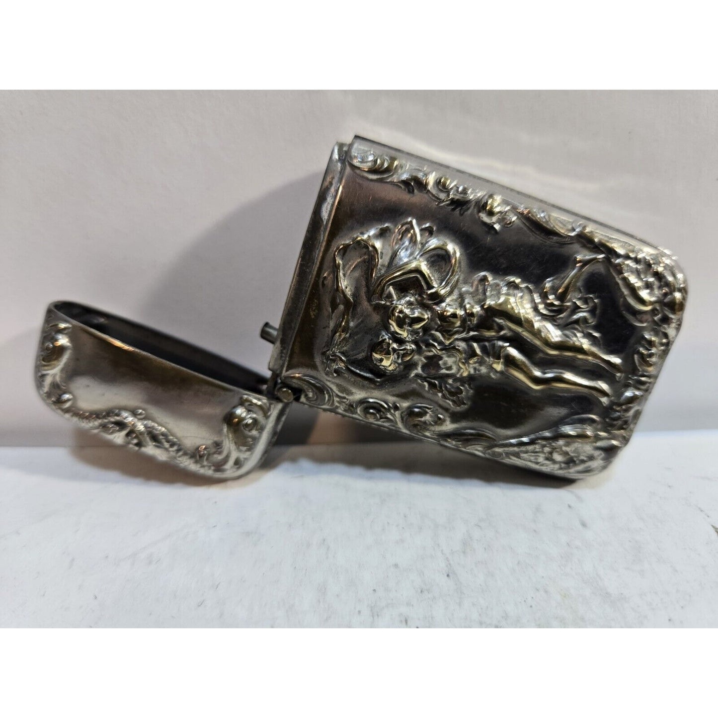 Vintage Silverplate Art Nouveau Dancing Nude Women Match Case Safe Vesta Nymph