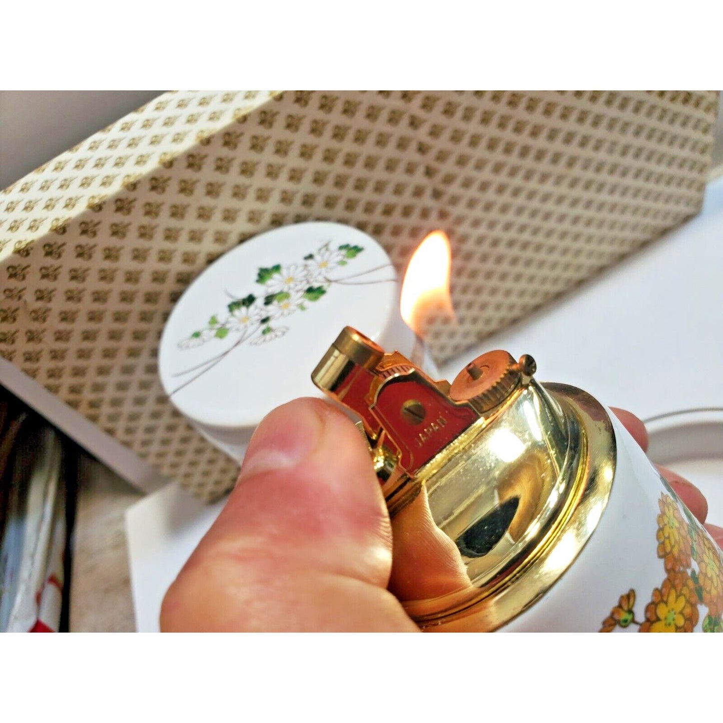 FINE CHINA SMOKING SET ASHTRAY, Cigarette CASE, Working LIGHTER Orig Box 6566/48