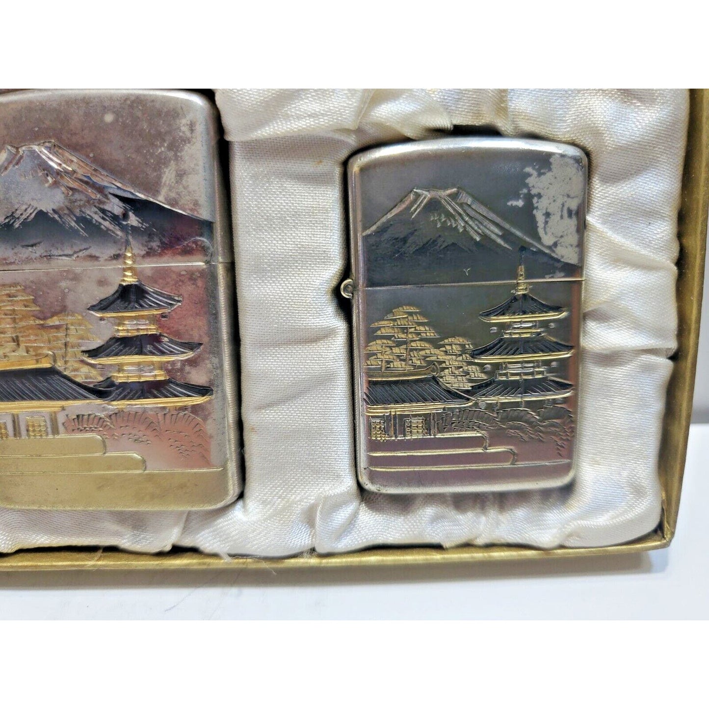 Set of 2 Working Vintage Japanese Damascene Mt Fuji Lighters Original Gift Case