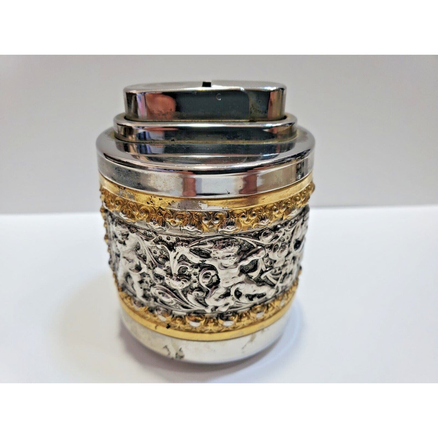 Working 1960s Erhard & Sohne Brass Cigarette Lighter Decorated with Cherubs