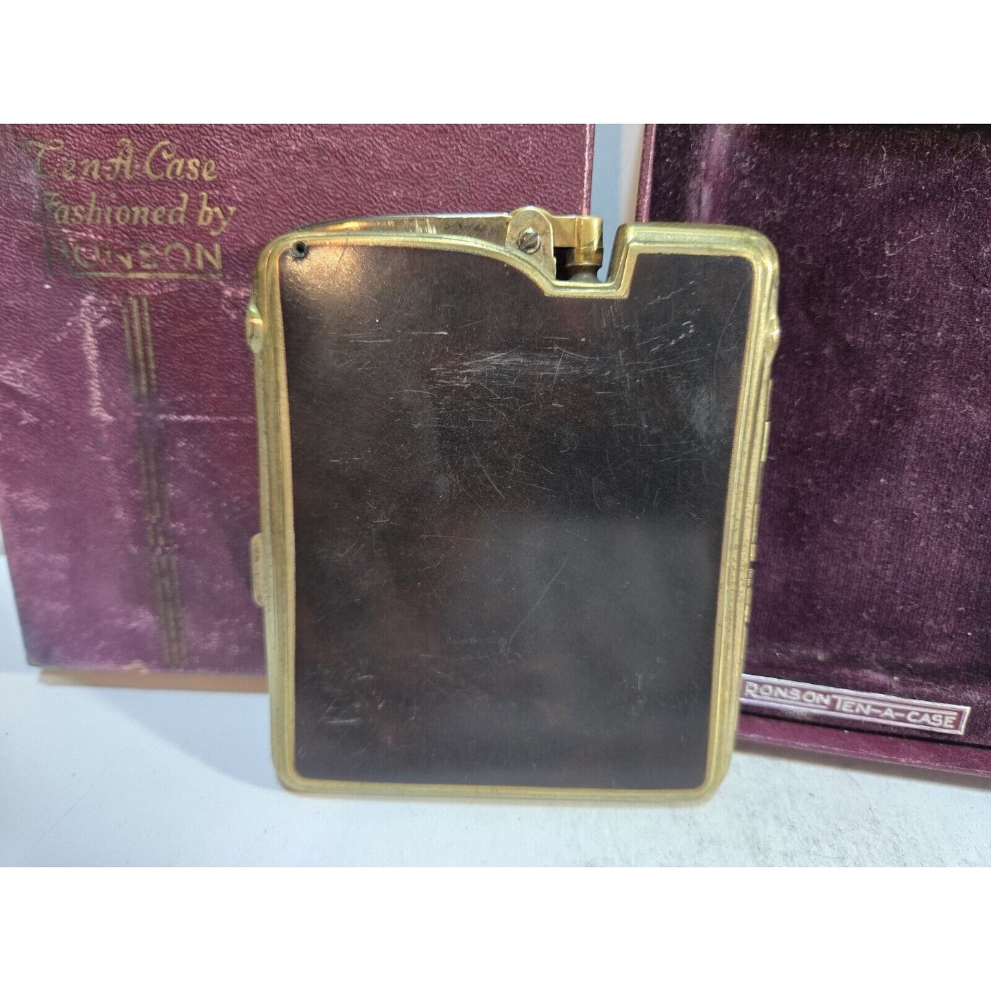 Working Ronson Art Deco Ten A Case Enamel Gold Tone Cigarette Case Lighter 7354/