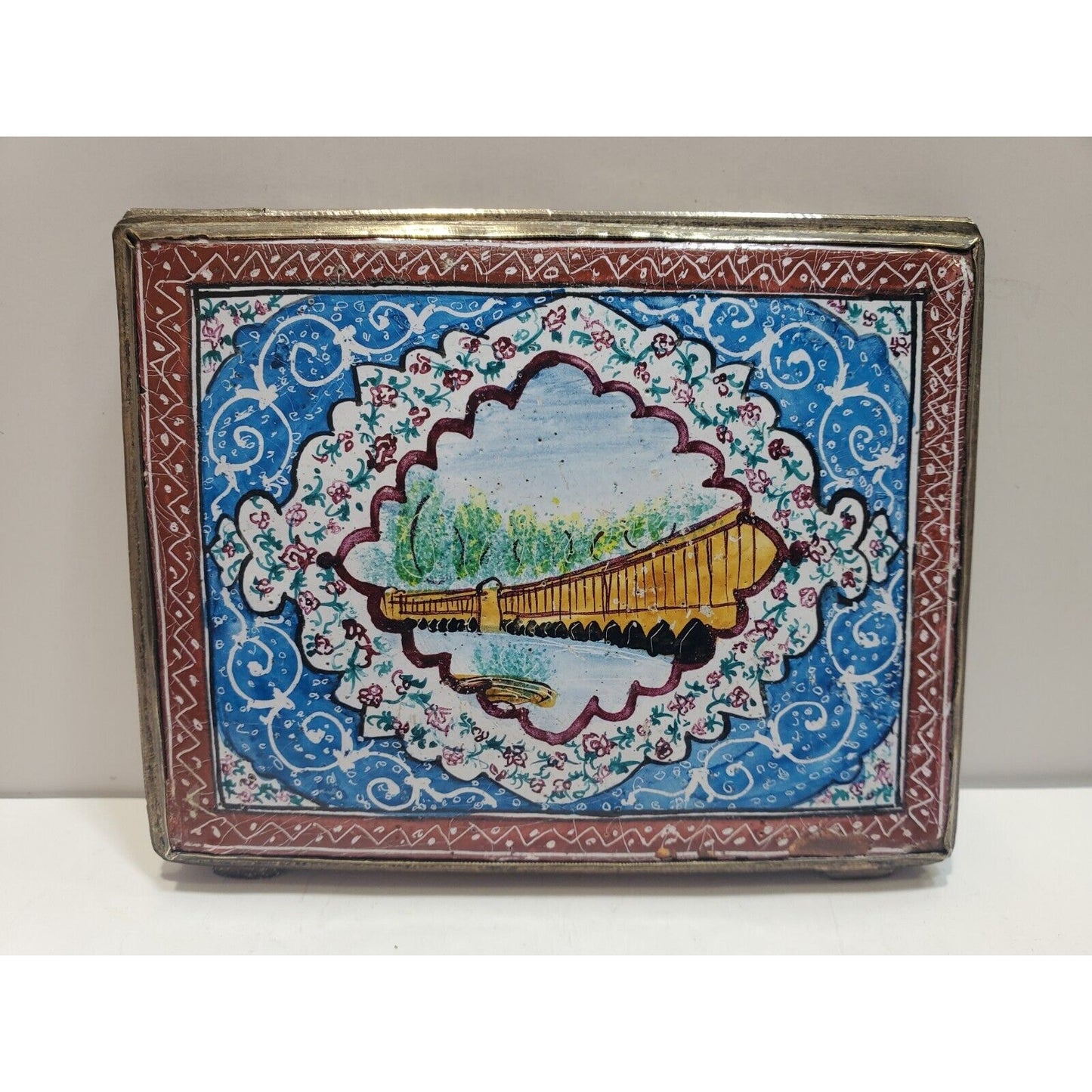 Antique Persian Enamel & Silver Tone Cigarette Case / 3 1/4 x 2 3/4" 6700/21