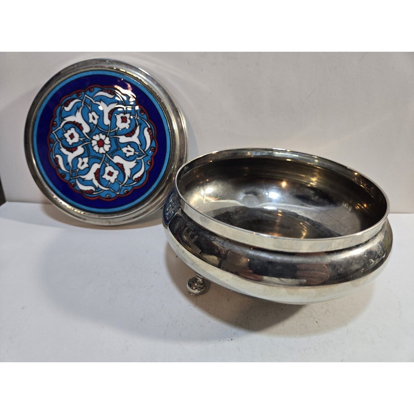 Turkish Pottery Tile On Round Trinket Bowl With Lid 5"