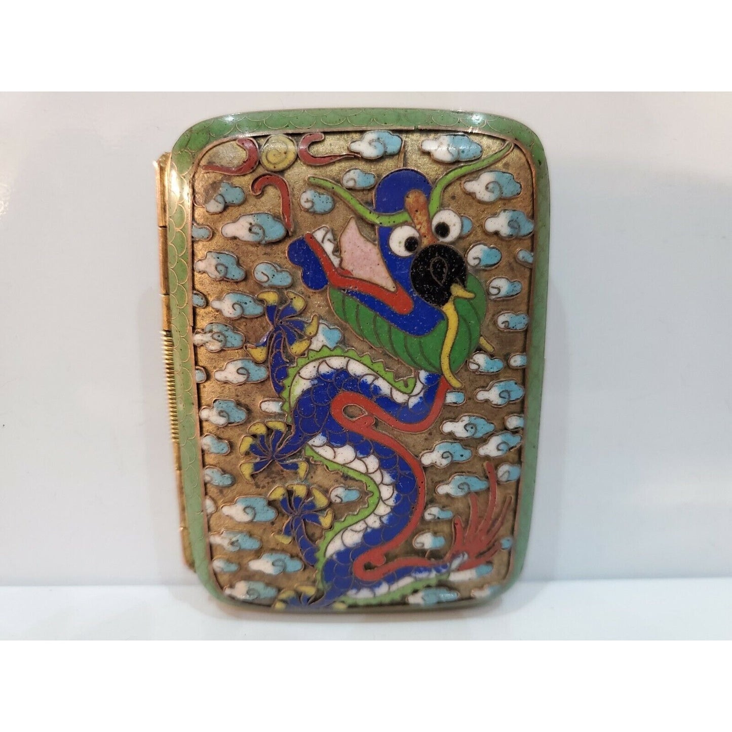 Antique ORIENTAL CLOISONNE ENAMEL Dragon Cigarette Case 3 x 2"