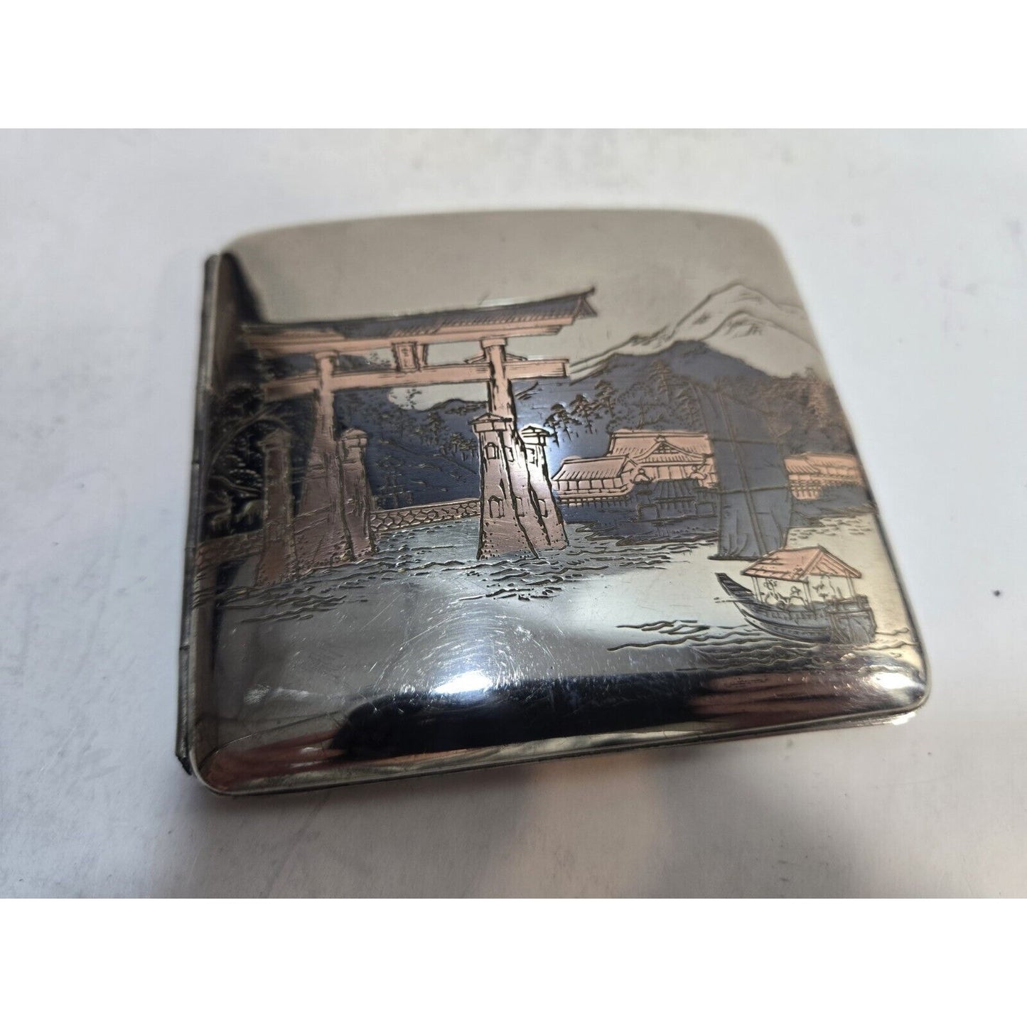 Vintage Mt Fuji Japan Etched Mountain Scene Silver Cigarette Case 7672/2