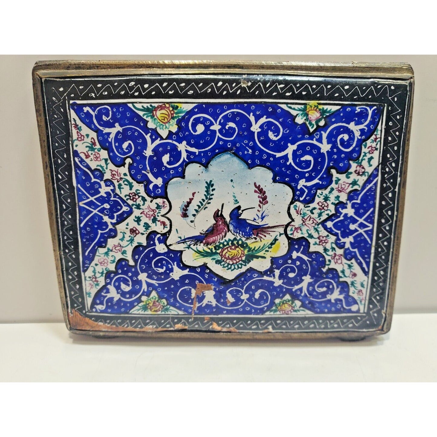 Antique Persian Enamel & Silver Tone Cigarette Case / 3 1/4 x 2 3/4" 6700/21