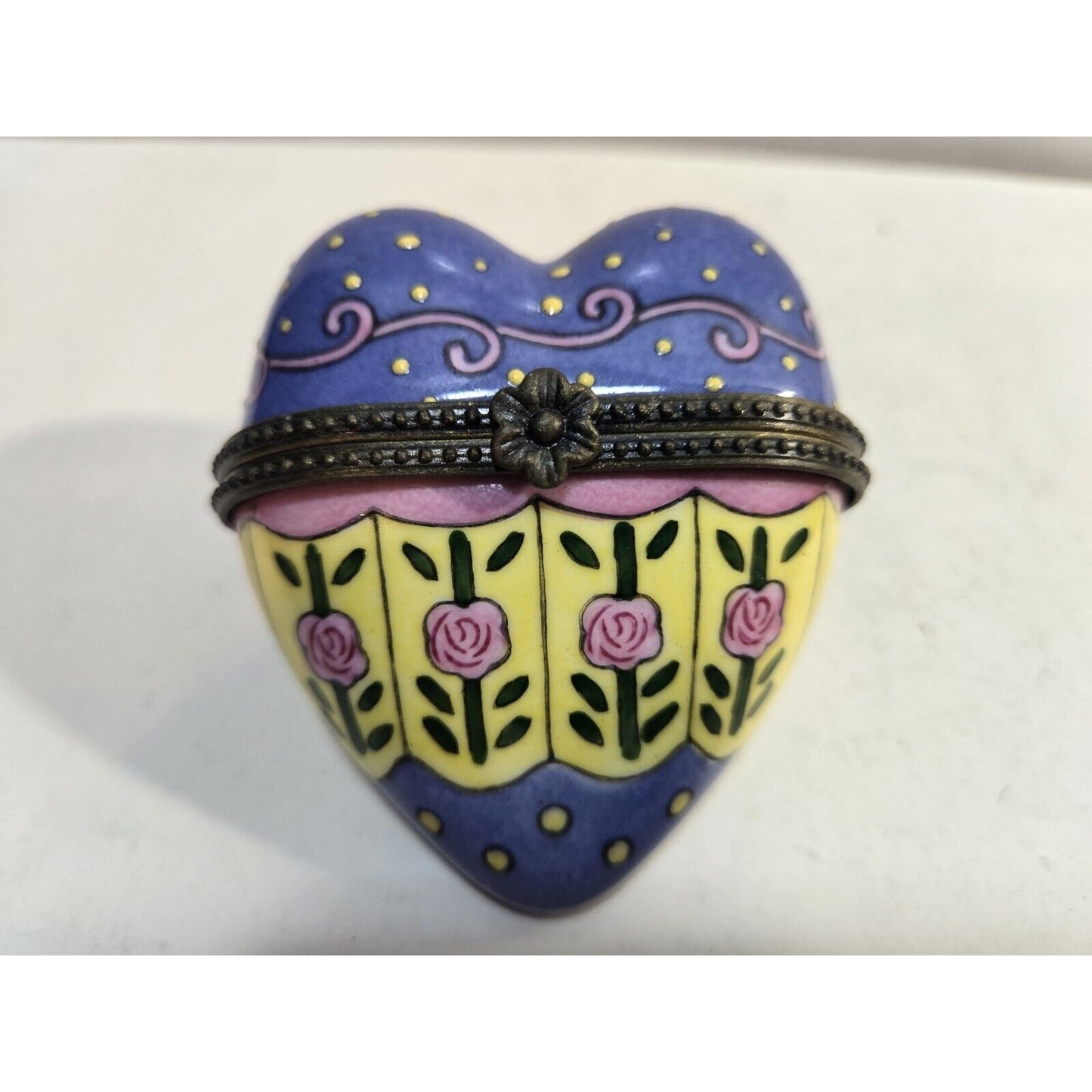Porcelain Rose Pattern Heart Shaped Hinged Lid Trinket Box Pink Blue