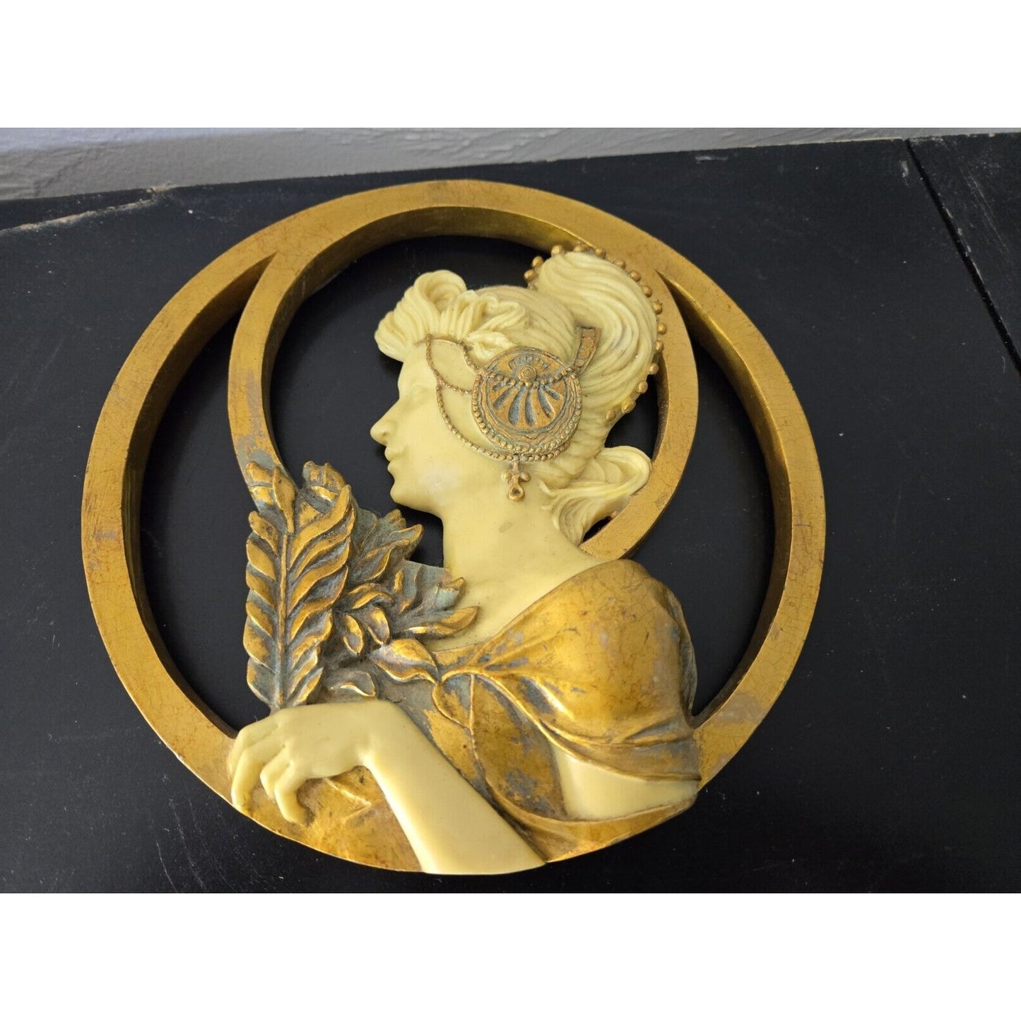 Vtg Art Nouveau Lady With Hat Mucha Ivorytone & Goldtone Round Mirror Plaque