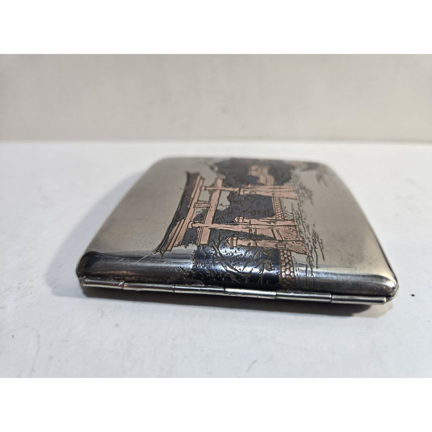 Vintage Mt Fuji Japan Etched Mountain Scene Silver Cigarette Case 7672/2