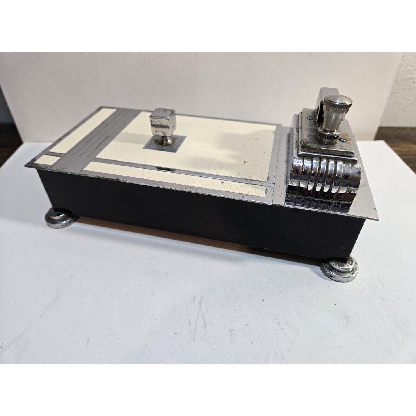 Vintage Working Ronson Chrome Black Enamel Touch Tip Lighter & Cigarette Box