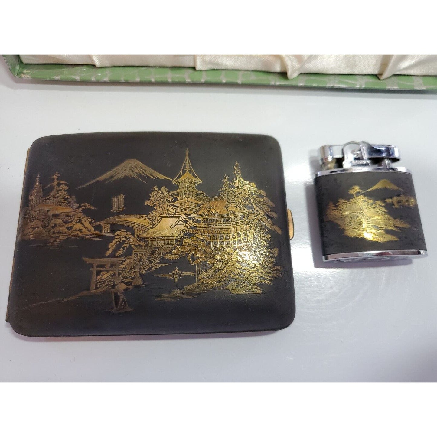 NOS Japanese Damascene K24 GOLD, SILVER Cigarette Case & LIGHTER SET 55/2