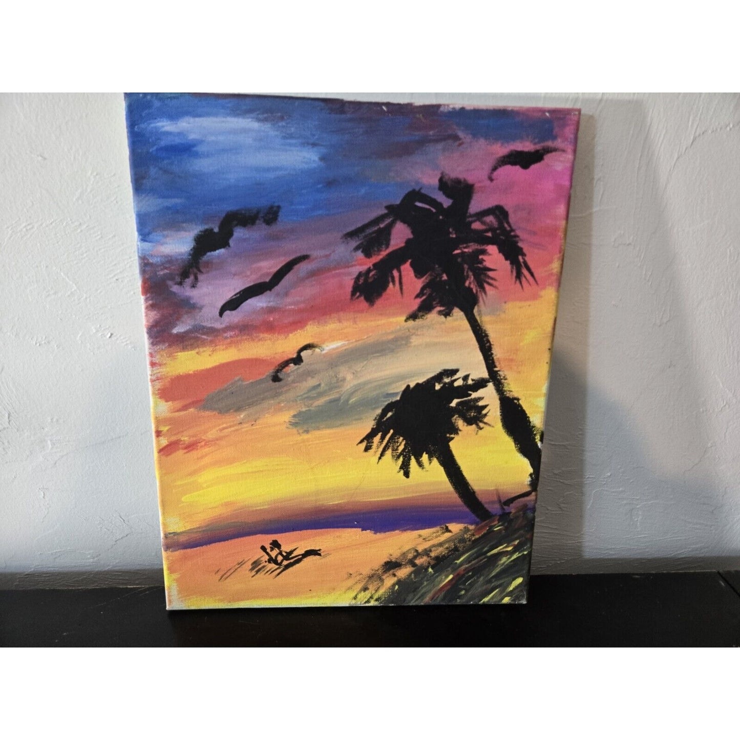 Tropical Palm Trees Sunset Beach Oil Painting Canvas Wall Art, Sighed 11 x 14"