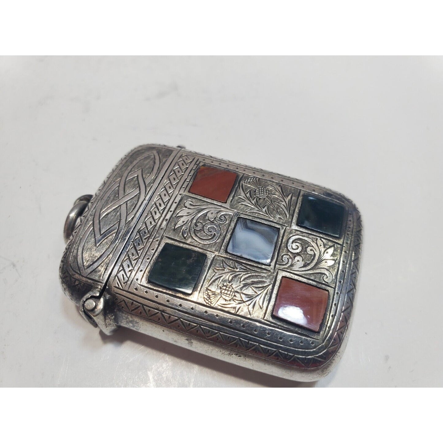 Antique Scottish Hallmarked Silver Carnelian Agate Inlay Vesta Match Safe Case