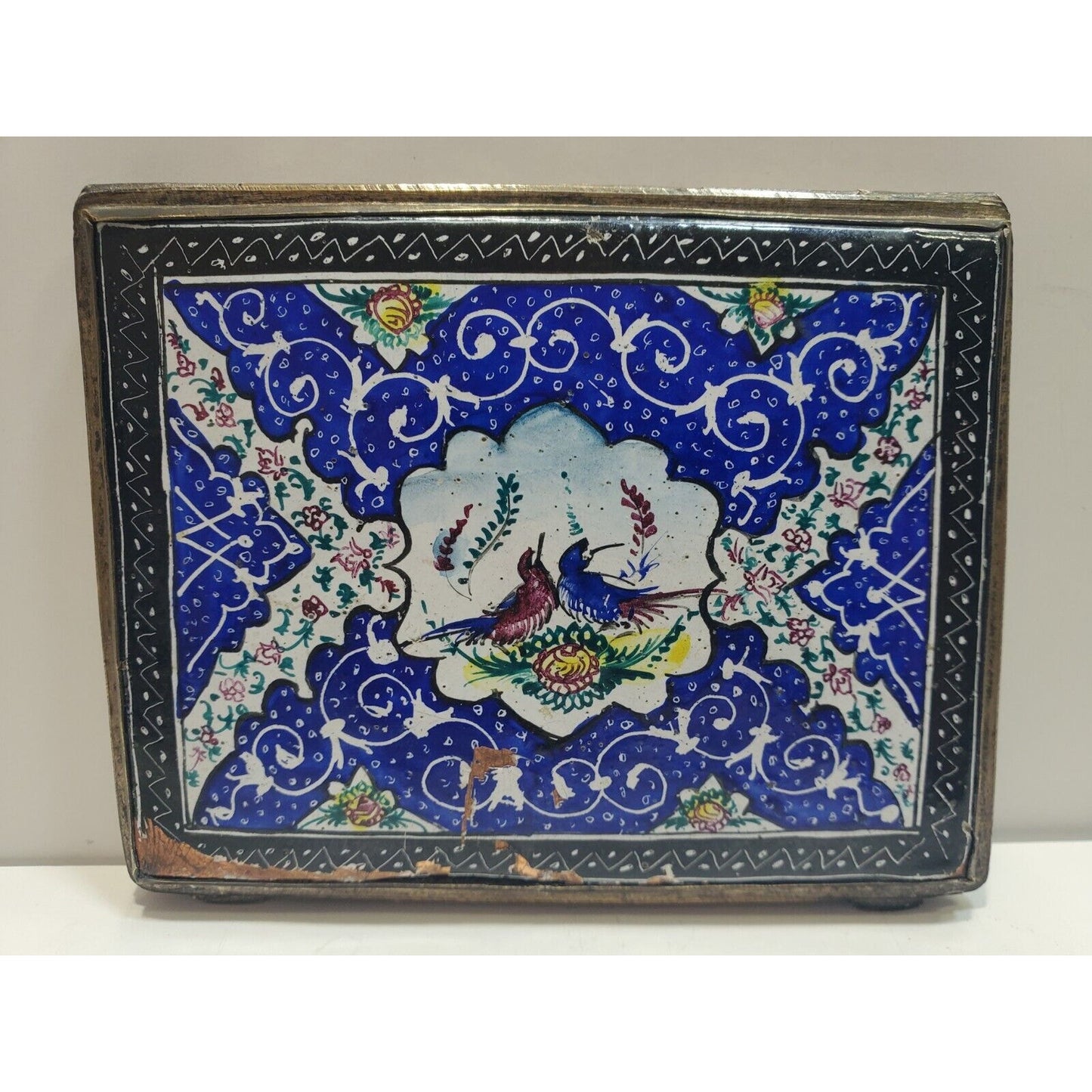 Antique Persian Enamel & Silver Tone Cigarette Case / 3 1/4 x 2 3/4" 6700/21
