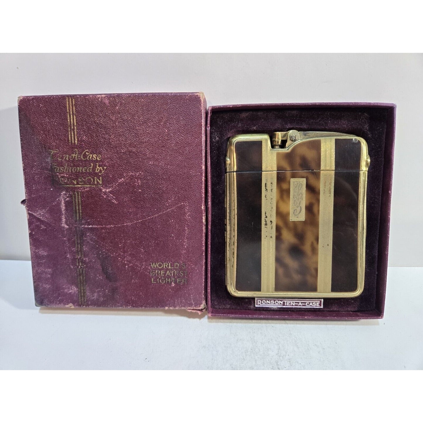 Working Ronson Art Deco Ten A Case Enamel Gold Tone Cigarette Case Lighter 7354/