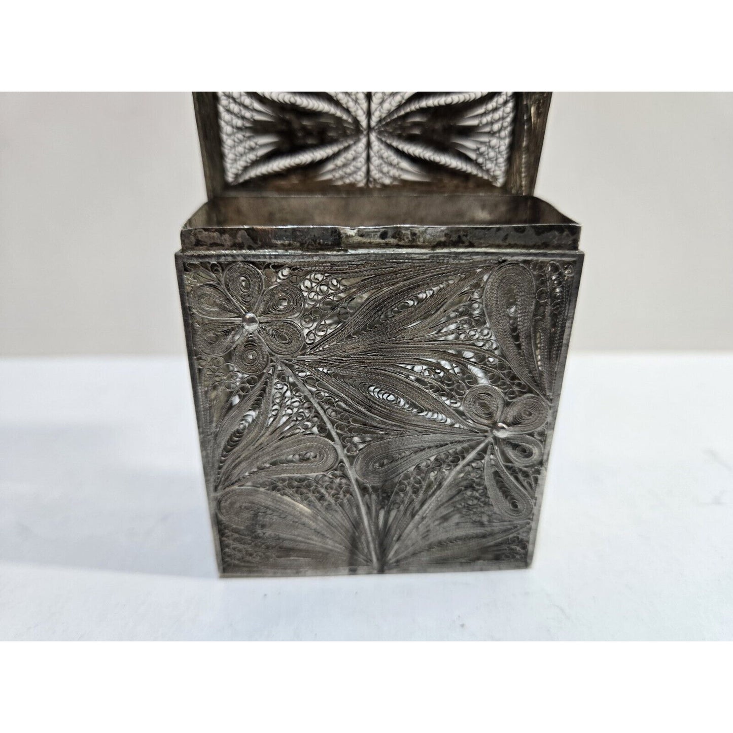 Antique 900 Silver Filigree HANDMADE Cigarette Case 3" X 2.25" 7553/3