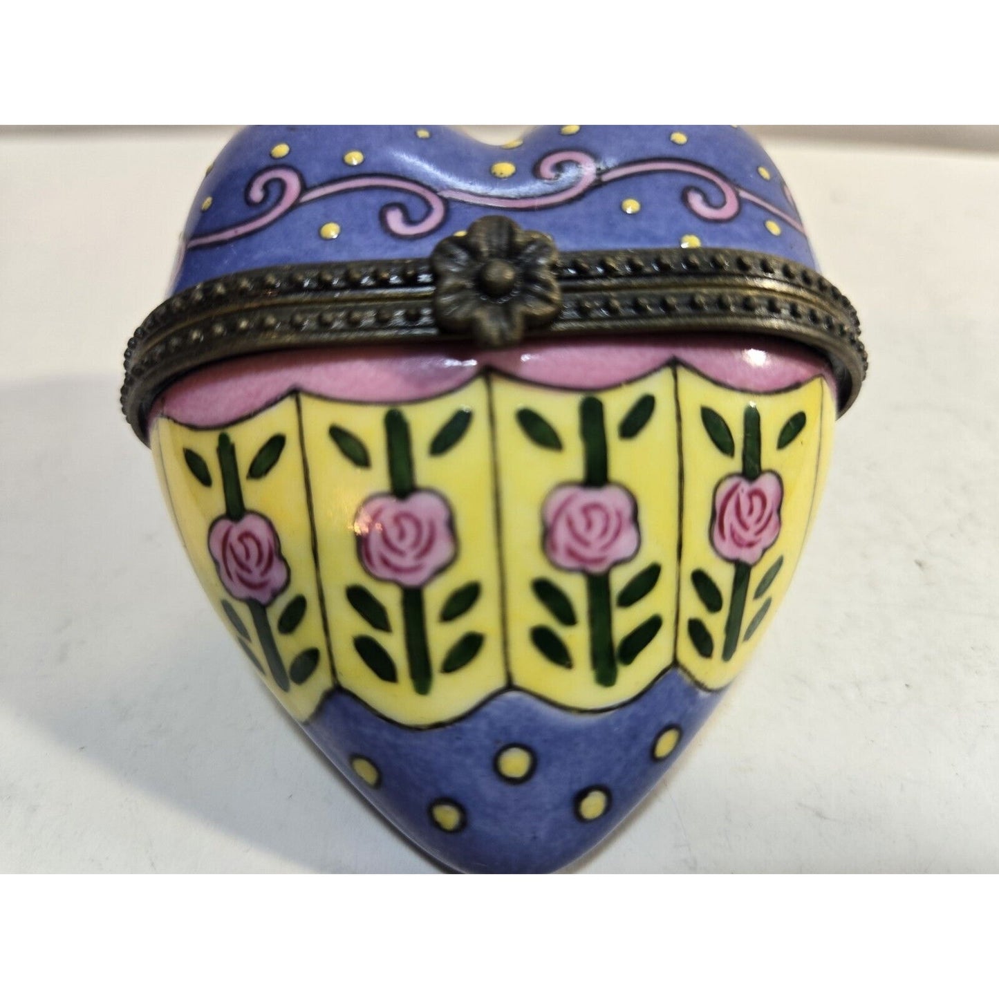 Porcelain Rose Pattern Heart Shaped Hinged Lid Trinket Box Pink Blue