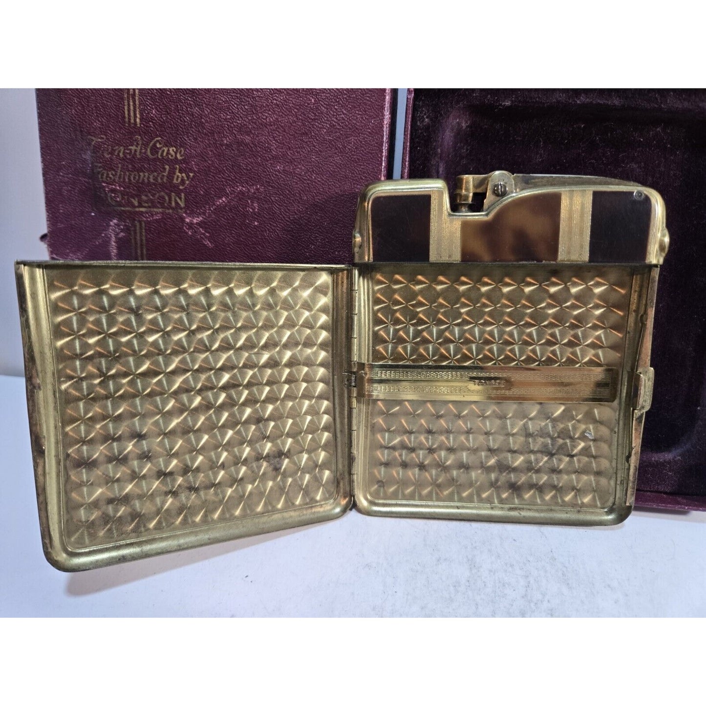 Working Ronson Art Deco Ten A Case Enamel Gold Tone Cigarette Case Lighter 7354/