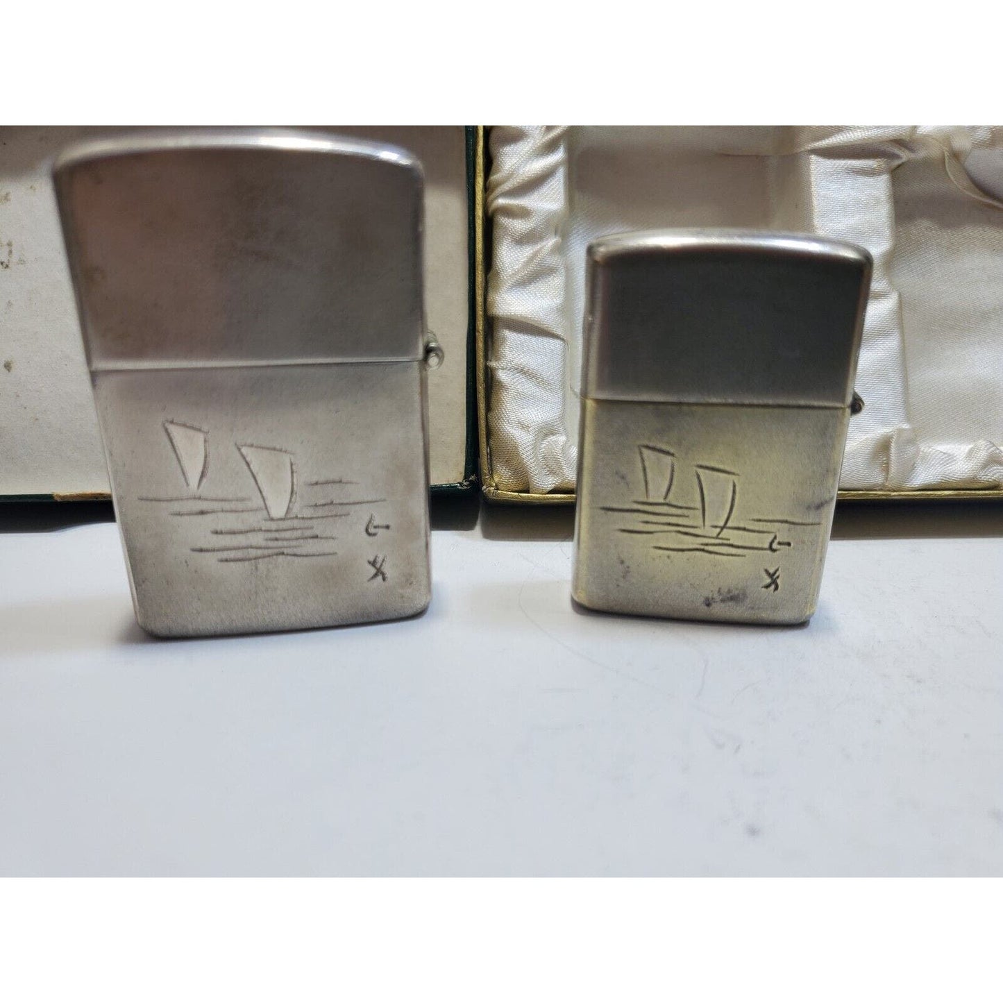 Set of 2 Working Vintage Japanese Damascene Mt Fuji Lighters Original Gift Case