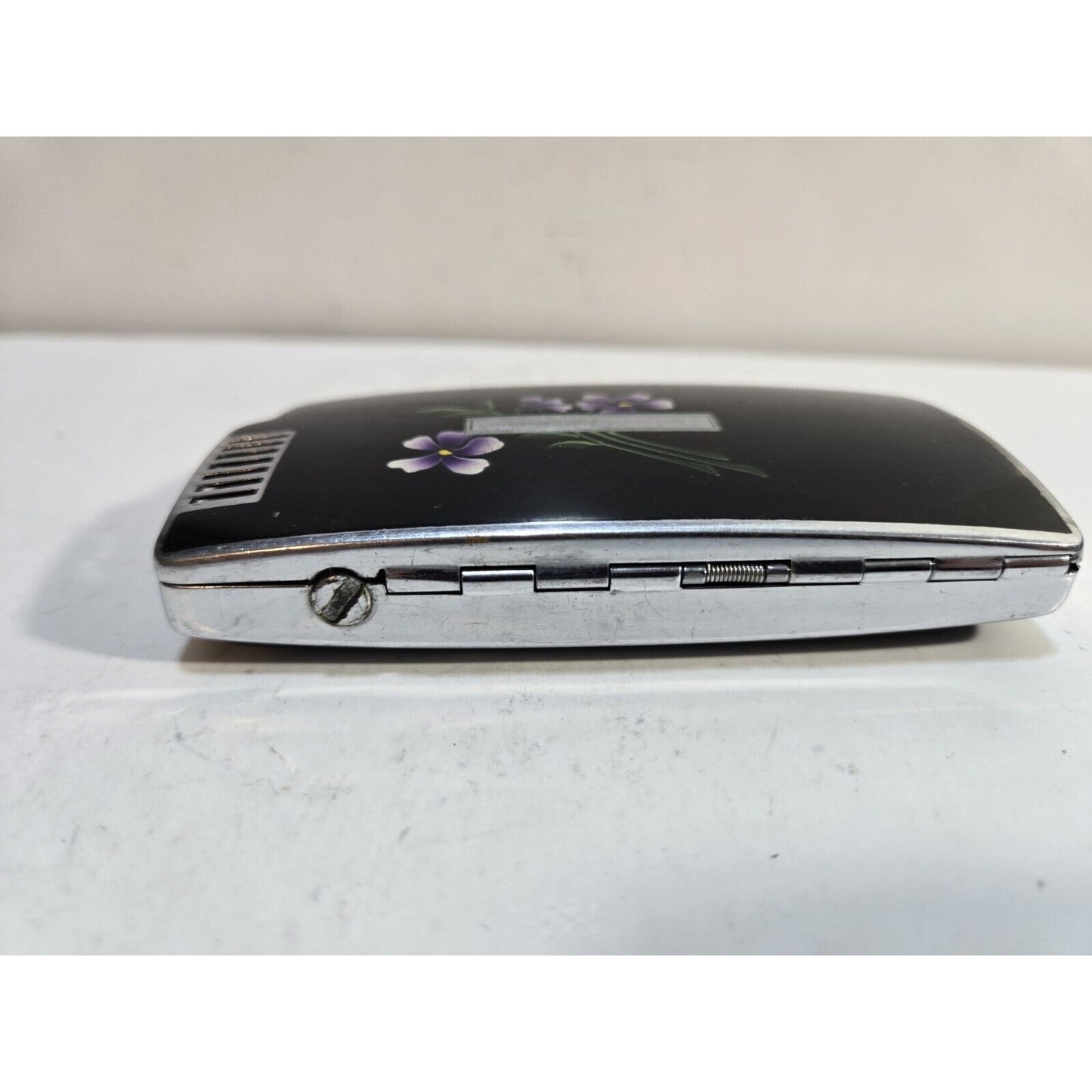 Vintage Ronson Pal Cigarette Case LIGHTER Black Violet Flower 6816/14