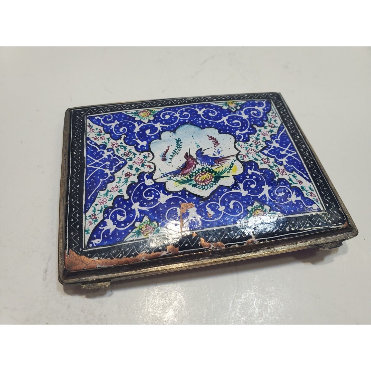 Antique Persian Enamel & Silver Tone Cigarette Case / 3 1/4 x 2 3/4" 6700/21