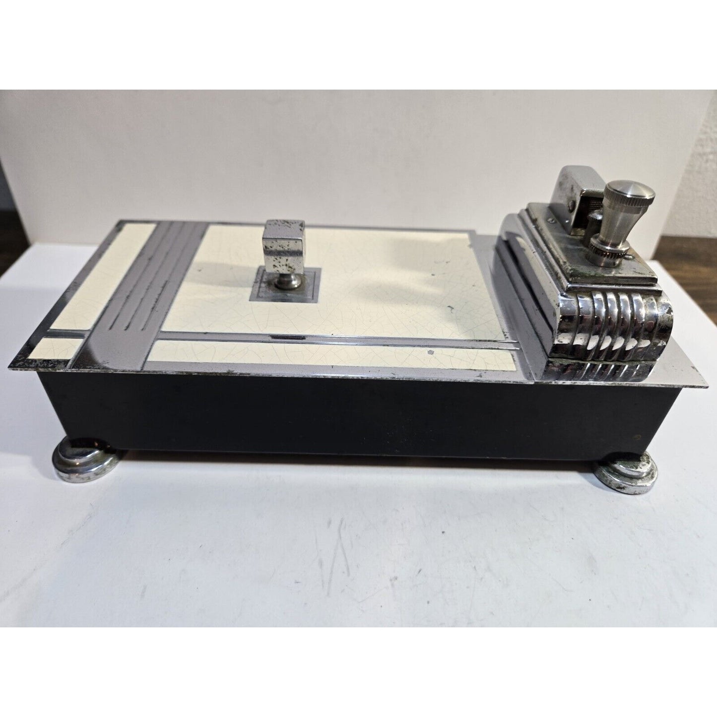 Vintage Working Ronson Chrome Black Enamel Touch Tip Lighter & Cigarette Box