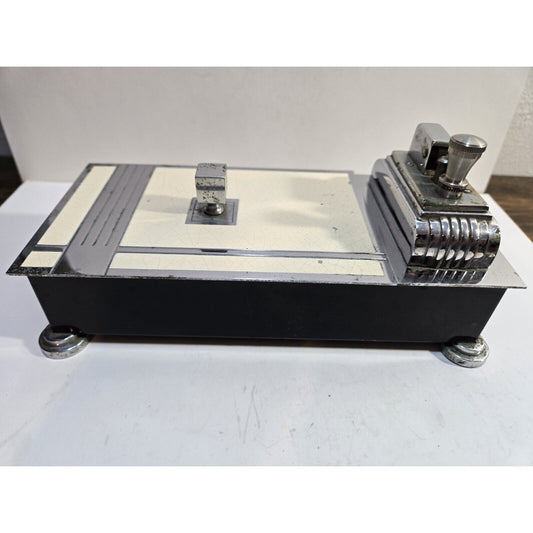 Vintage Working Ronson Chrome Black Enamel Touch Tip Lighter & Cigarette Box