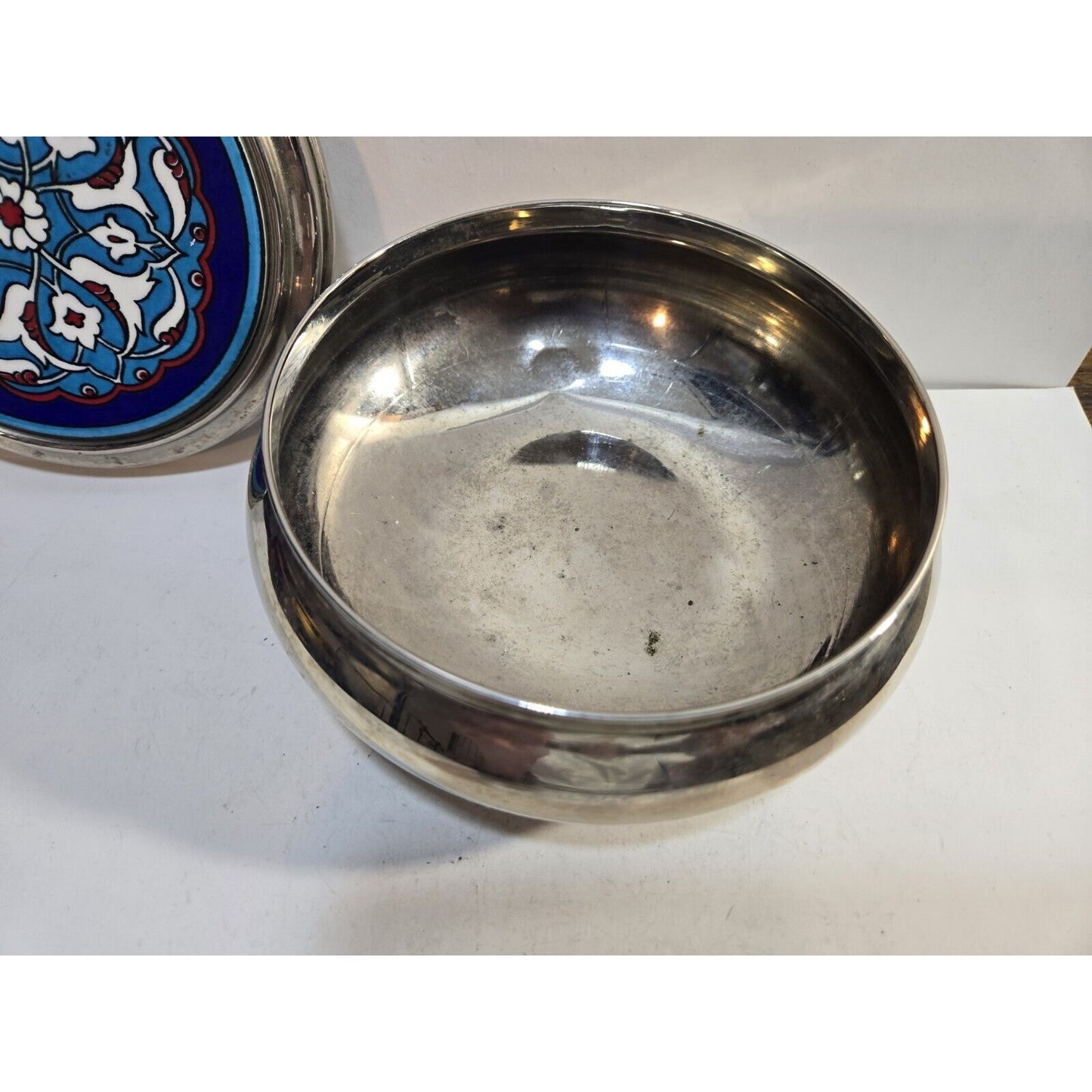 Turkish Pottery Tile On Round Trinket Bowl With Lid 5"