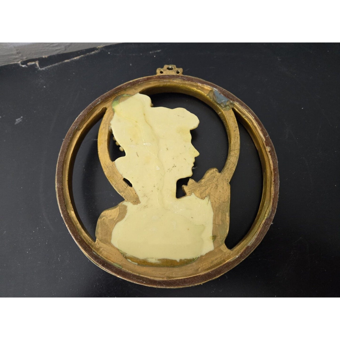 Vtg Art Nouveau Lady With Hat Mucha Ivorytone & Goldtone Round Mirror Plaque