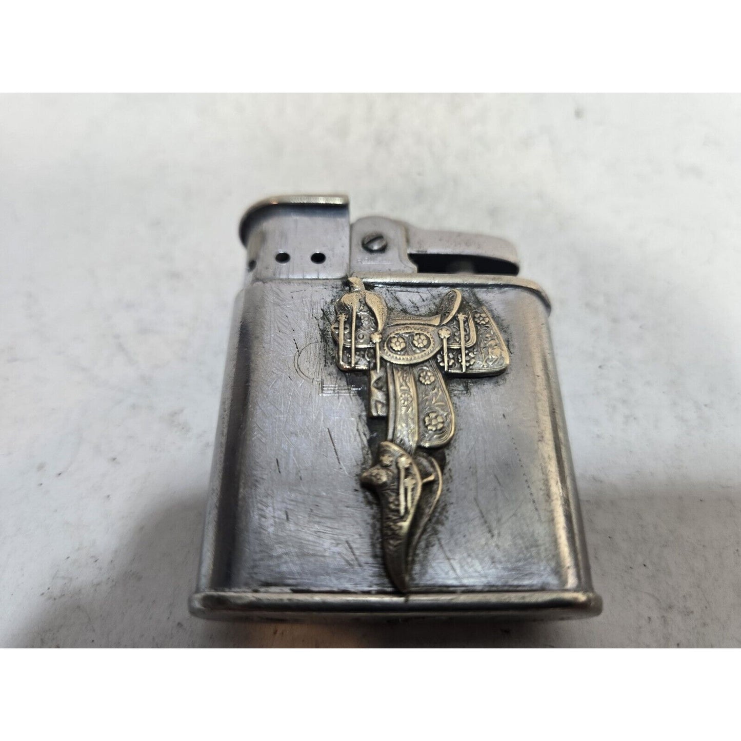 Vintage Working RONSON WHIRLWIND Silver Horse Saddle 3D Logo LIGHTER 7513/26