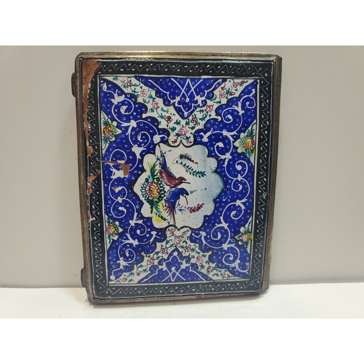 Antique Persian Enamel & Silver Tone Cigarette Case / 3 1/4 x 2 3/4" 6700/21