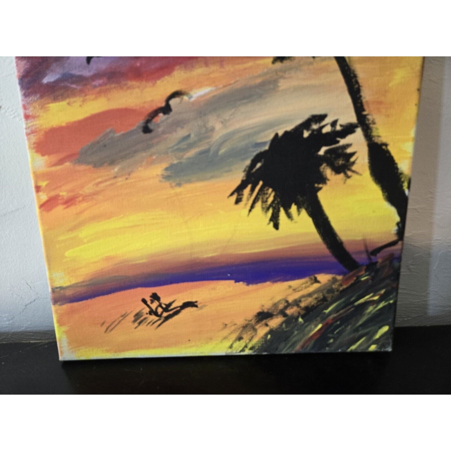 Tropical Palm Trees Sunset Beach Oil Painting Canvas Wall Art, Sighed 11 x 14"
