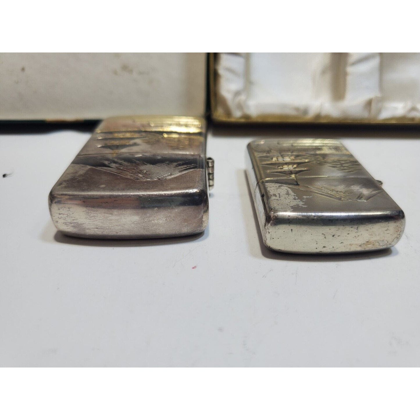 Set of 2 Working Vintage Japanese Damascene Mt Fuji Lighters Original Gift Case