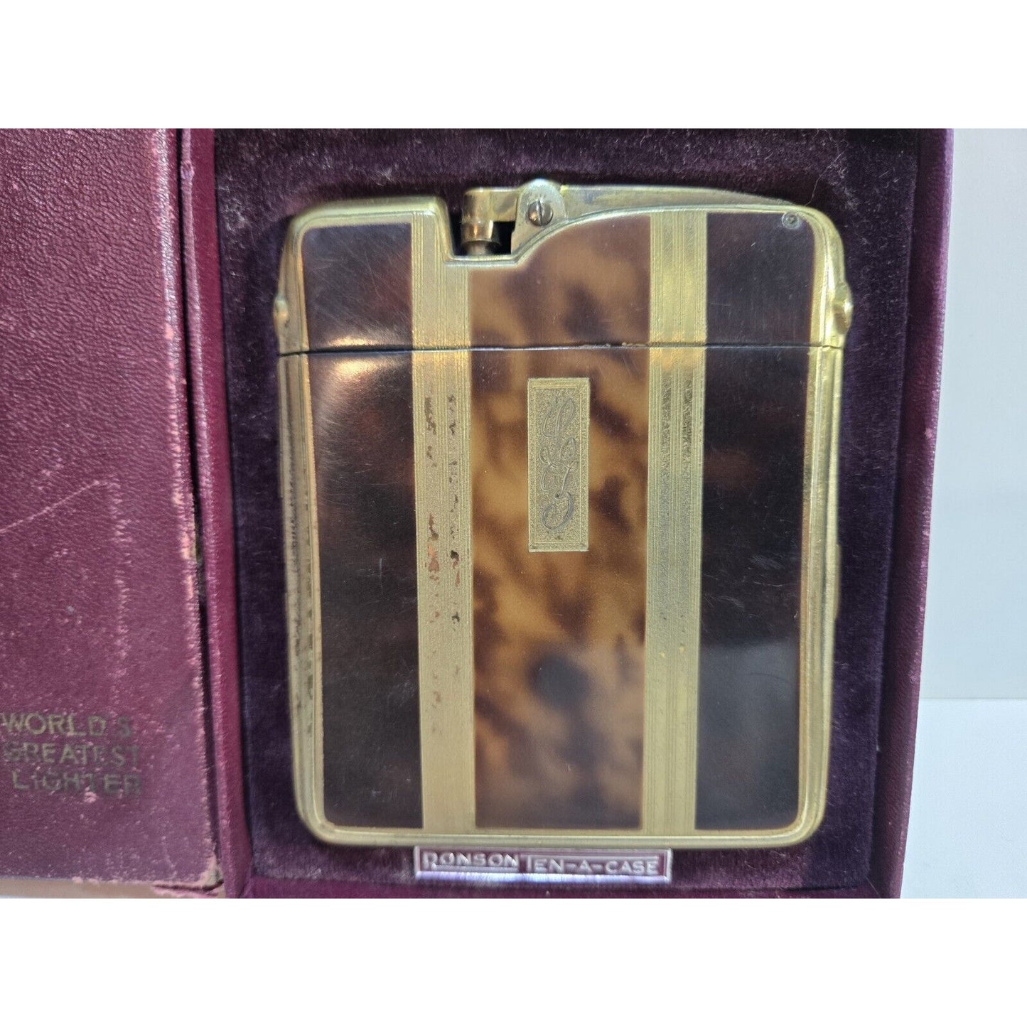 Working Ronson Art Deco Ten A Case Enamel Gold Tone Cigarette Case Lighter 7354/