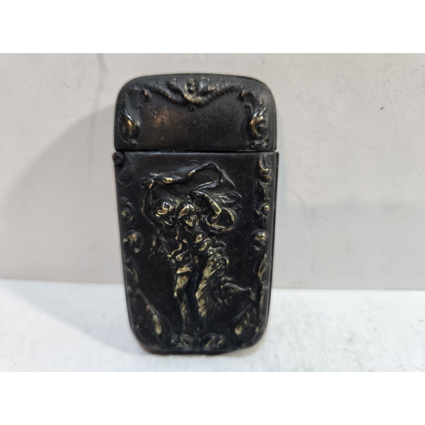 Vintage Silverplate Art Nouveau Dancing Nude Women Match Case Safe Vesta Nymph