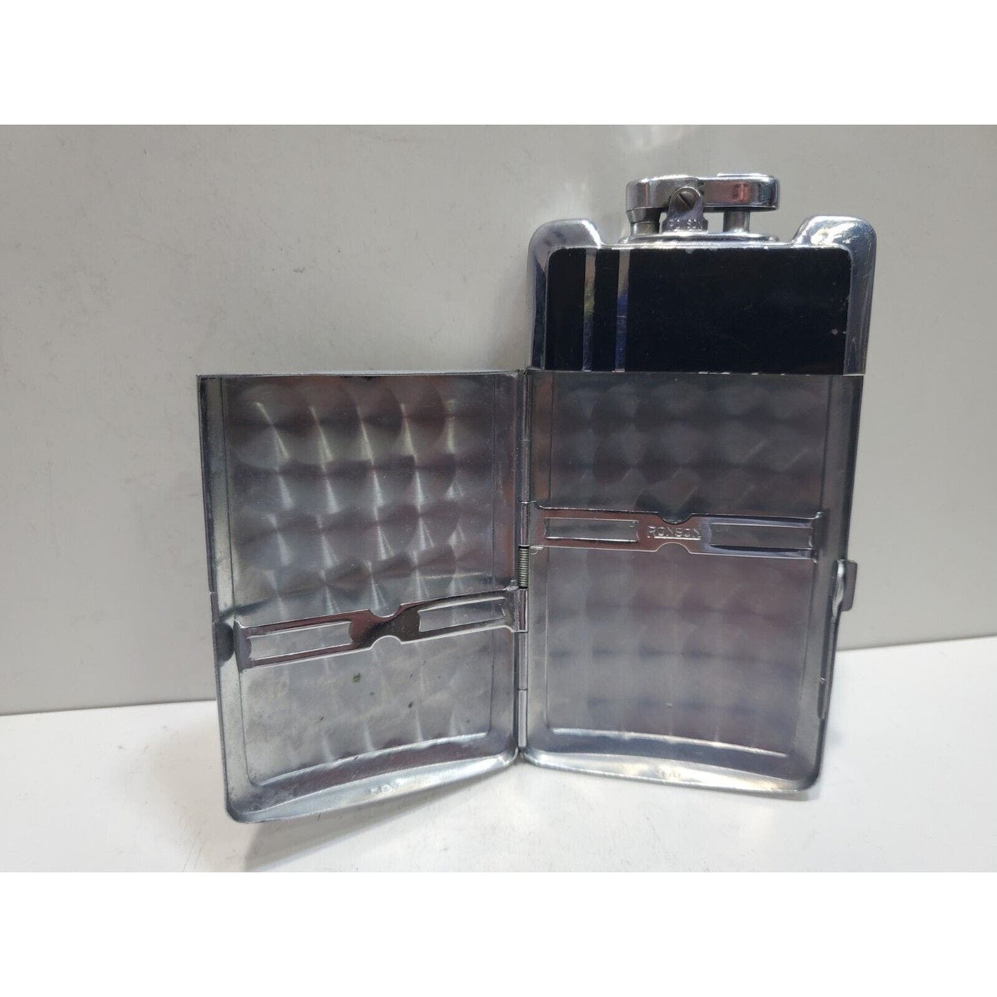 Working Ronson Art Deco Case Enamel Siler Tone Cigarette Case Lighter 6485/14