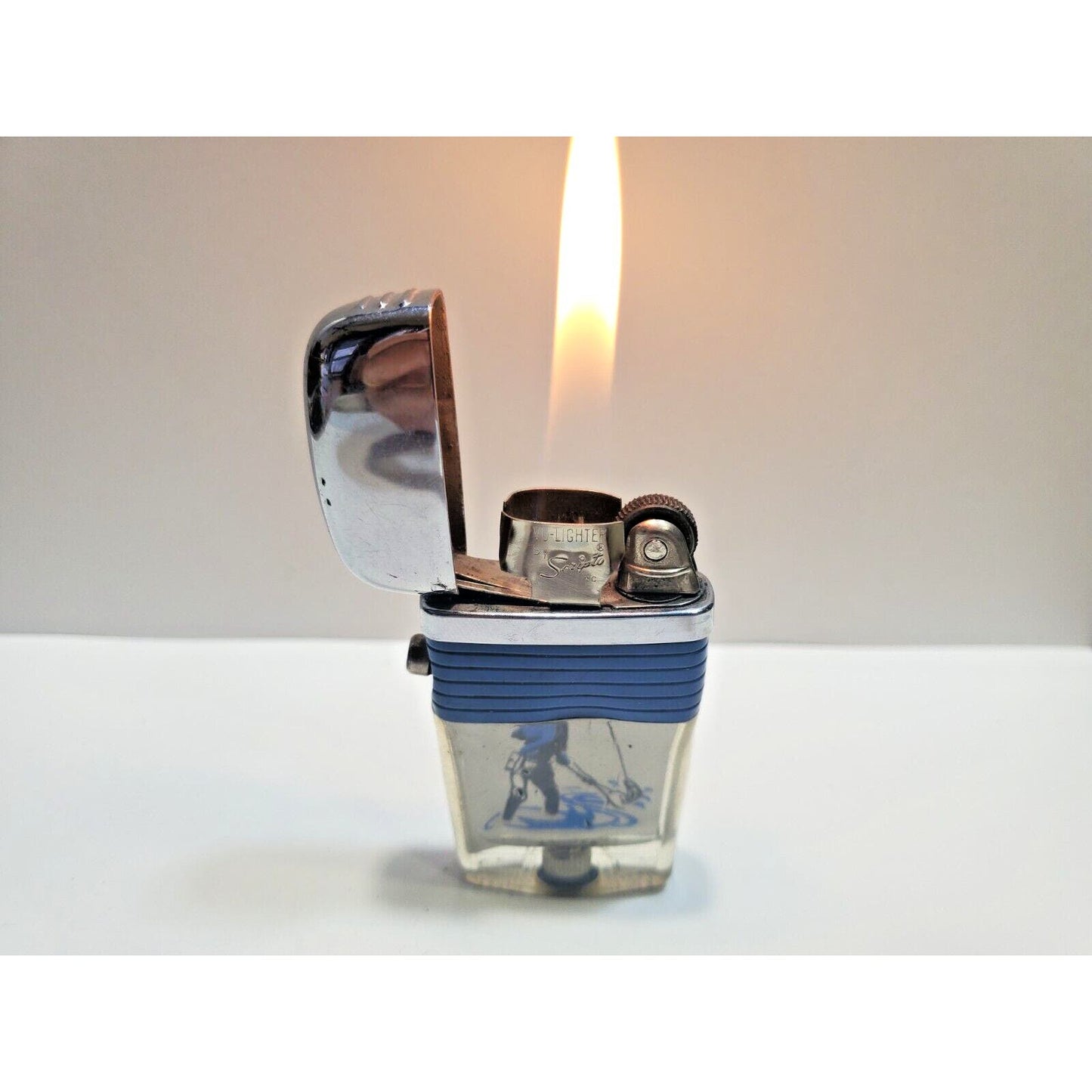 Vintage Scripto Fly Fisherman Catching Fish in a Stream-Vu-Lighter 6538/29