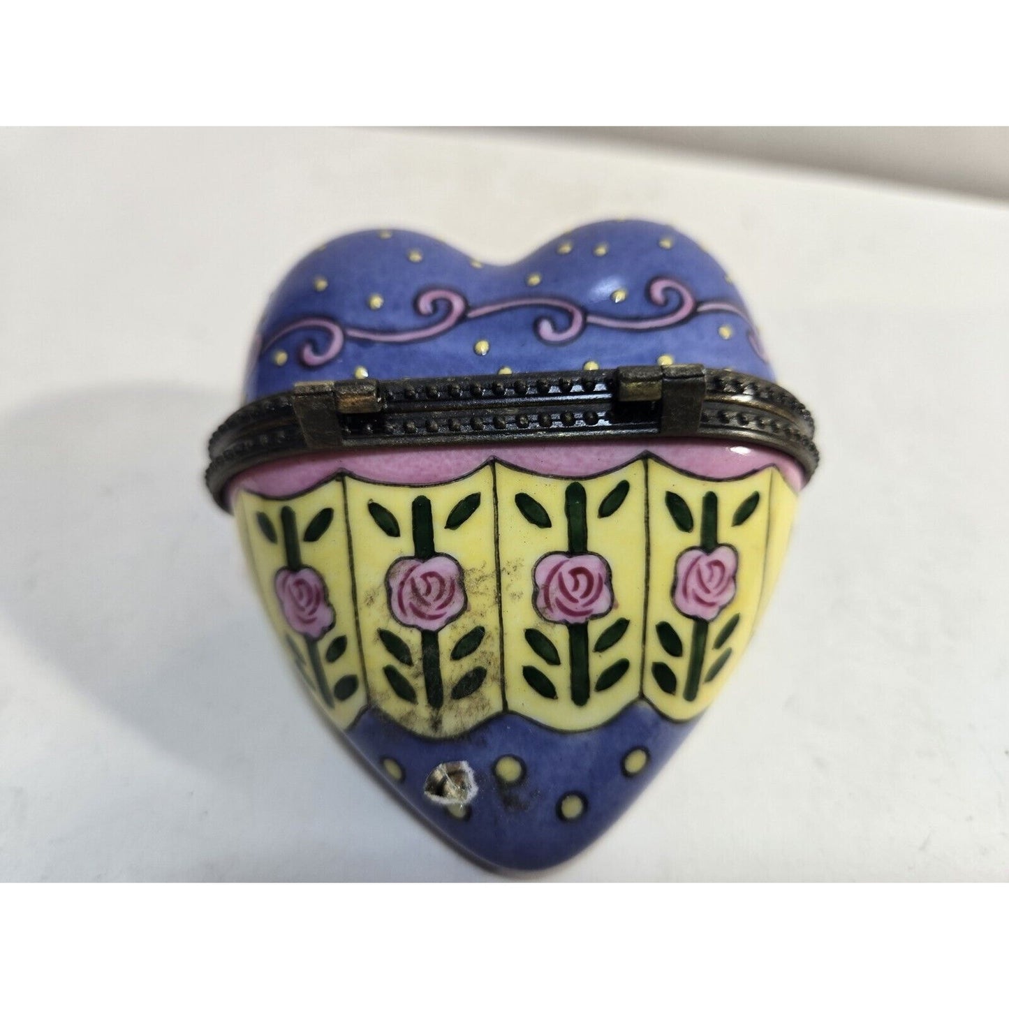 Porcelain Rose Pattern Heart Shaped Hinged Lid Trinket Box Pink Blue