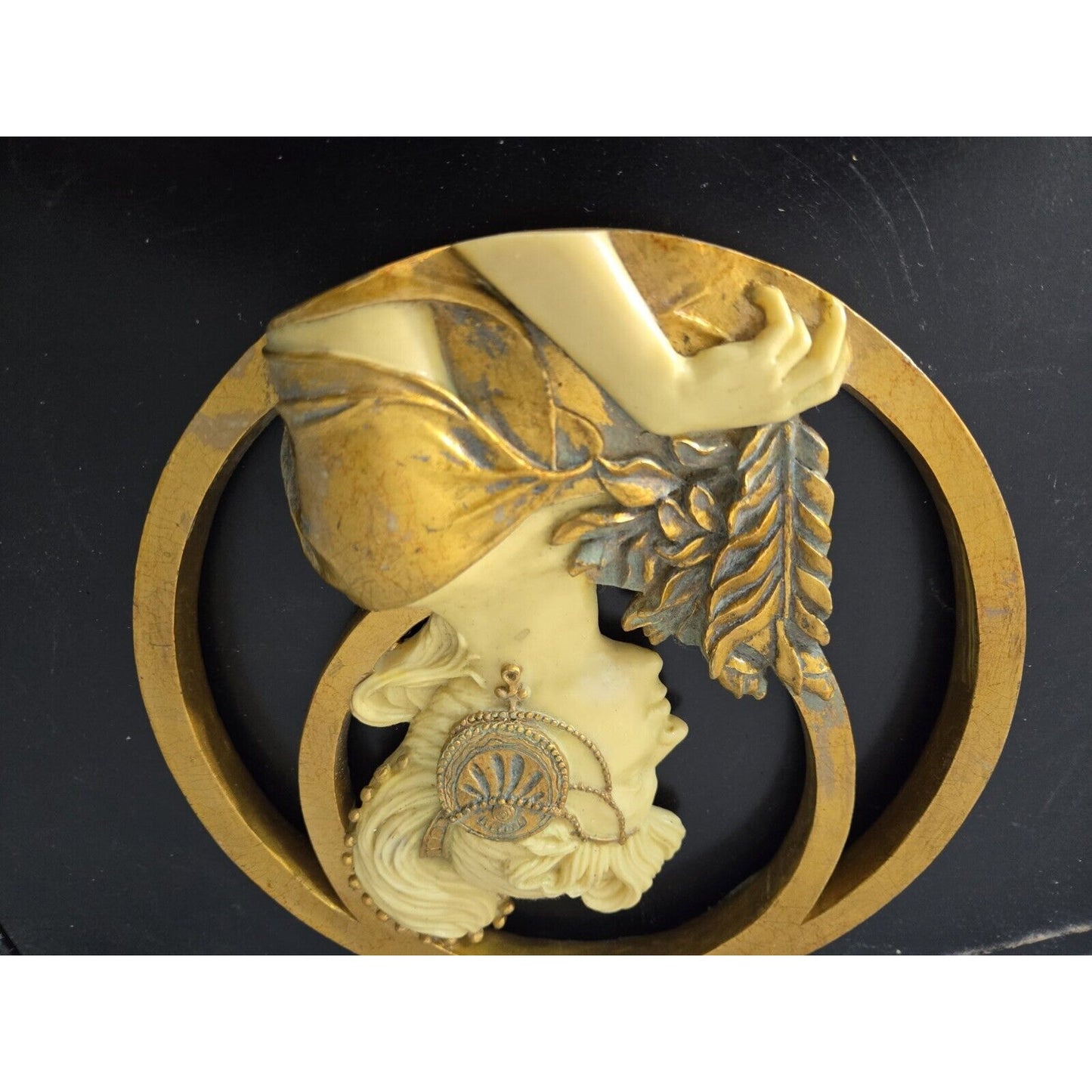 Vtg Art Nouveau Lady With Hat Mucha Ivorytone & Goldtone Round Mirror Plaque