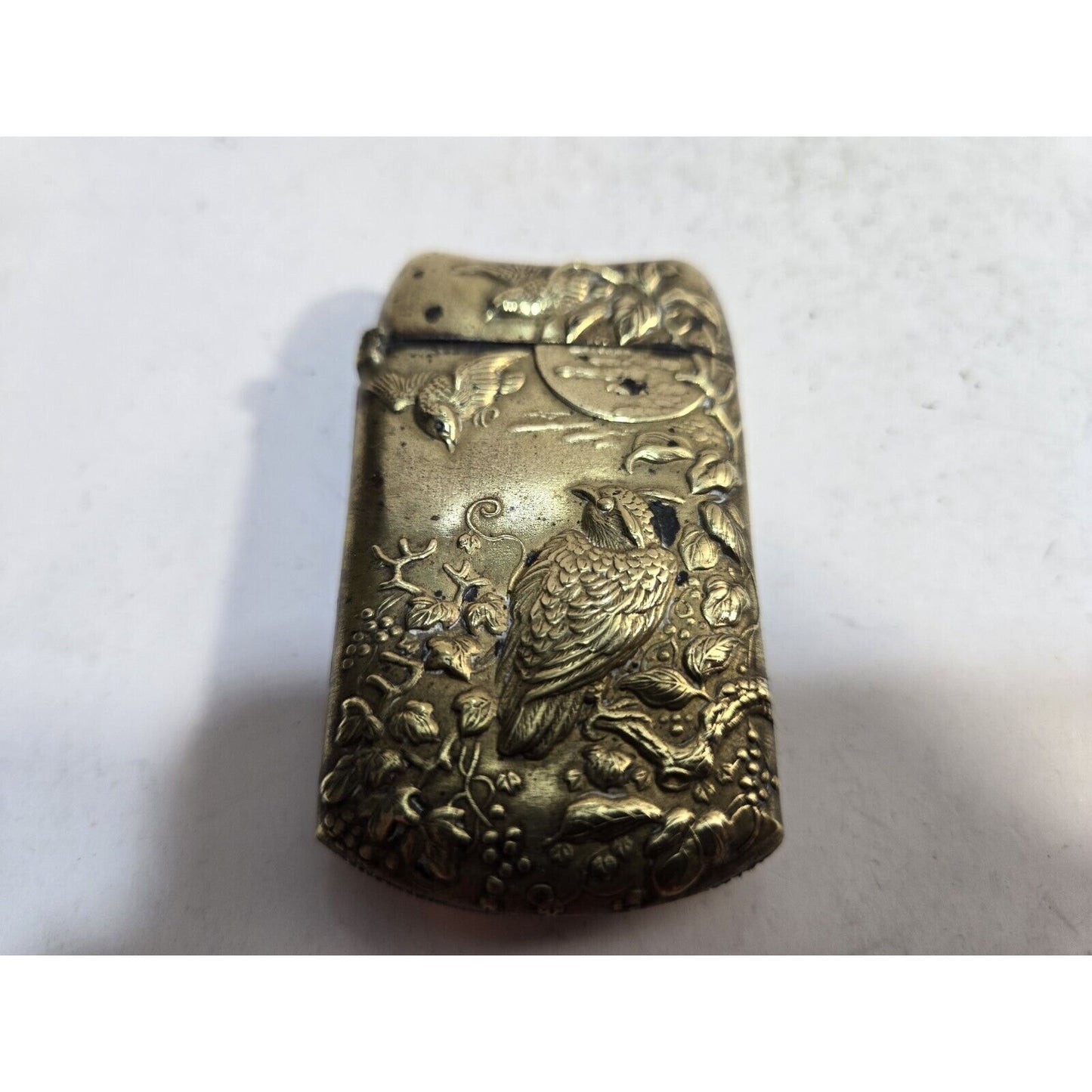 Japanese Antique Brass Match Case Safe Holder Striker, Bird & Flowers 7293/31