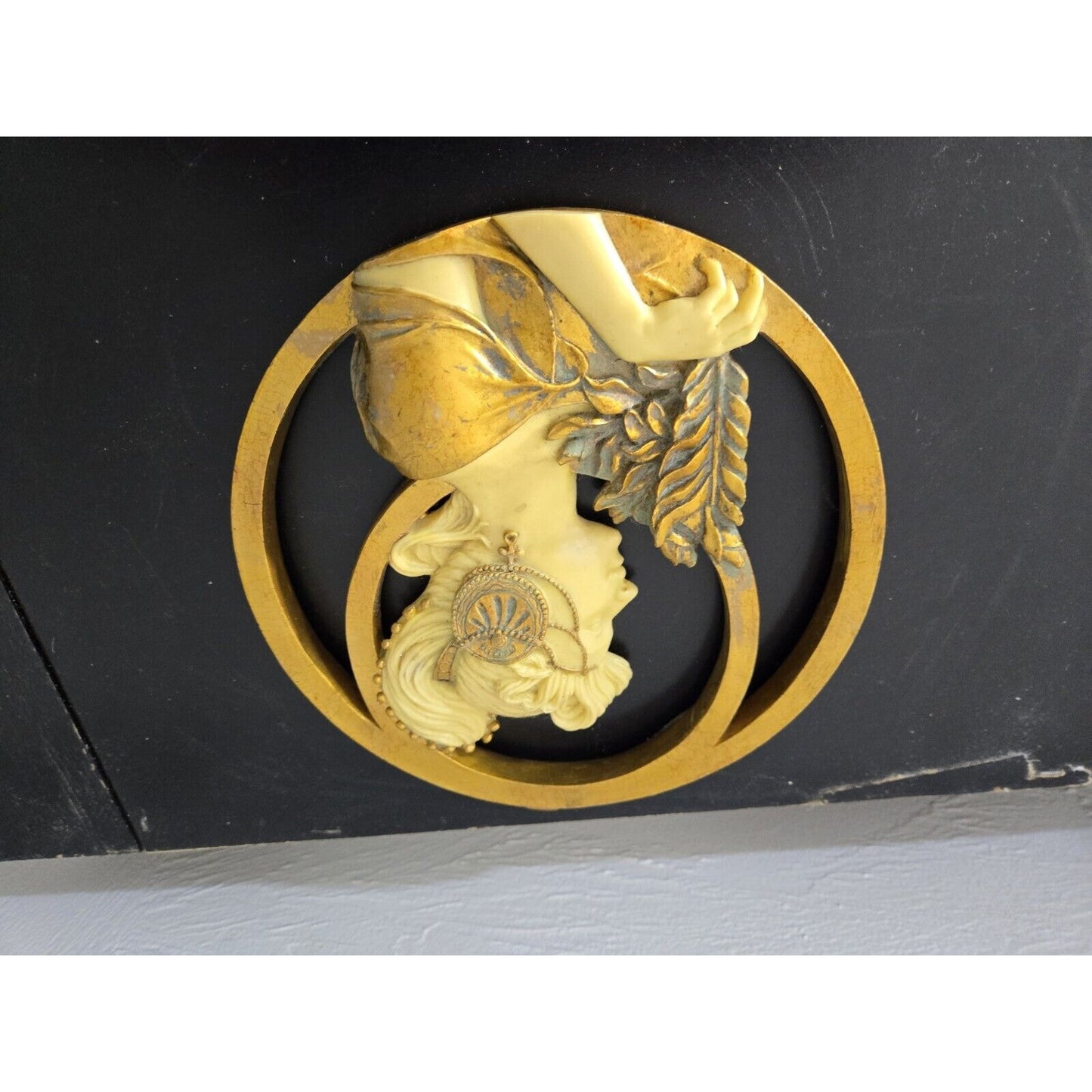 Vtg Art Nouveau Lady With Hat Mucha Ivorytone & Goldtone Round Mirror Plaque