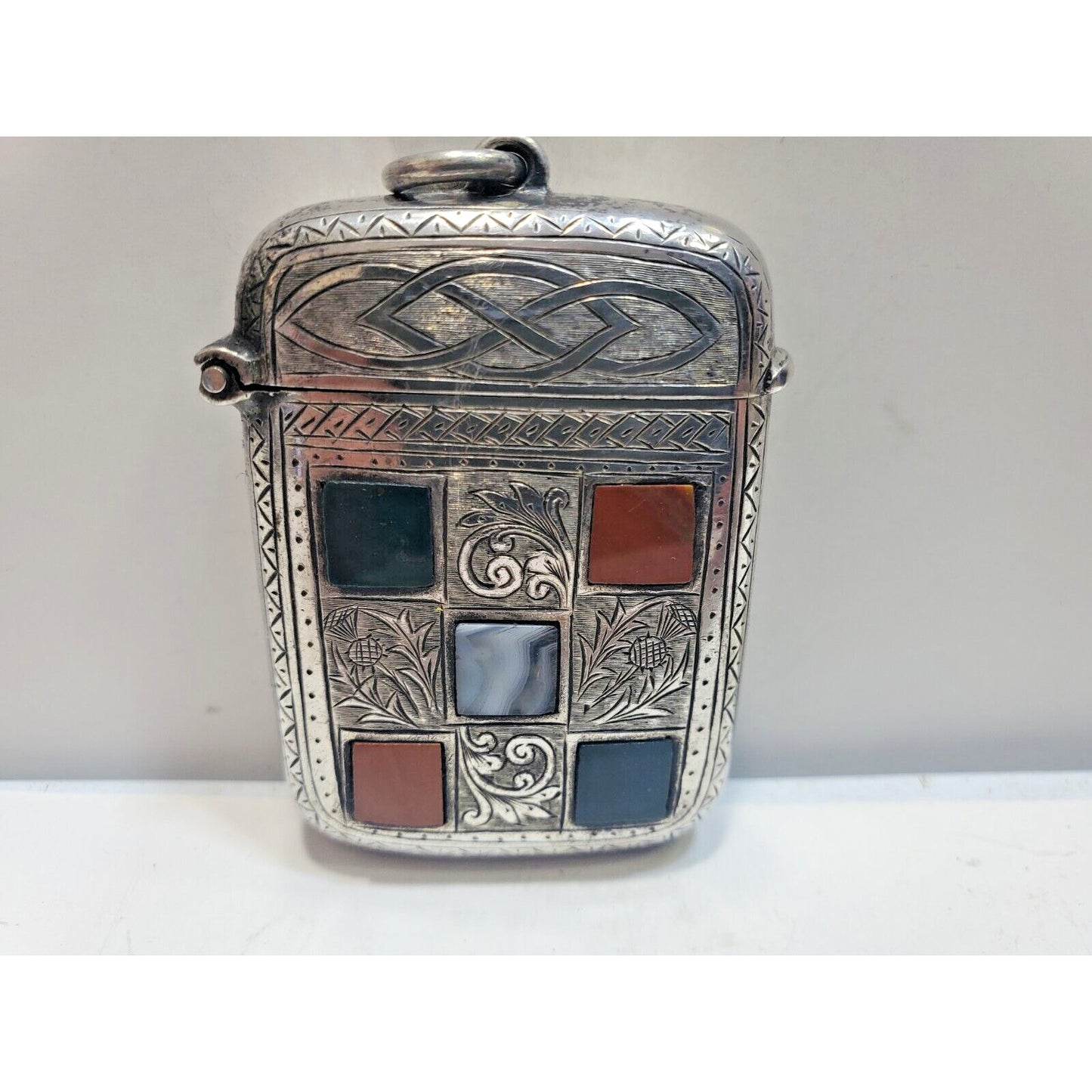 Antique Scottish Hallmarked Silver Carnelian Agate Inlay Vesta Match Safe Case